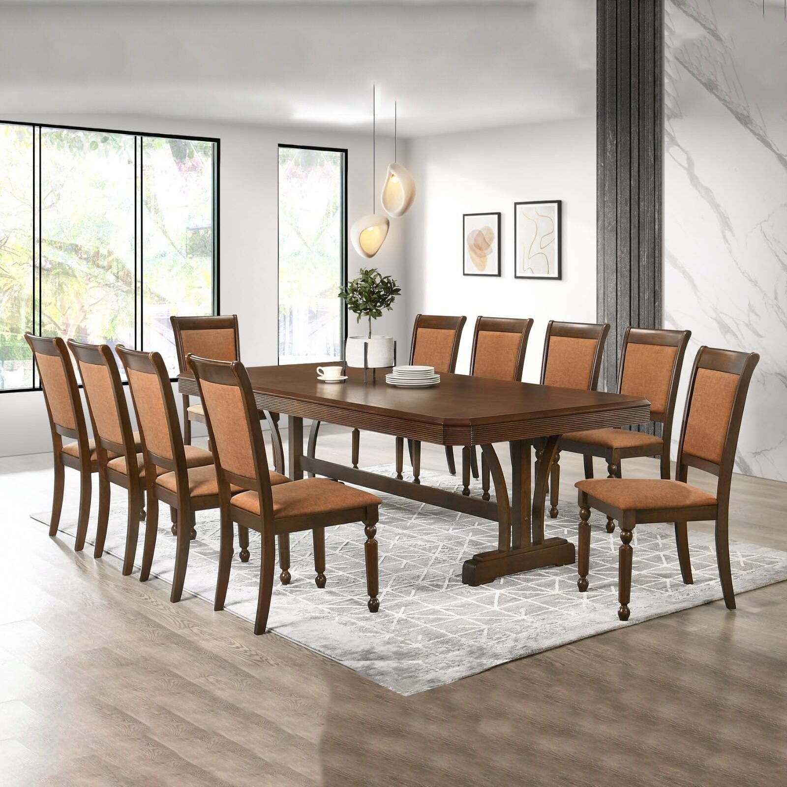 Princeton 1+10 Table+Chairs Dining Table Set – Brown Cherry