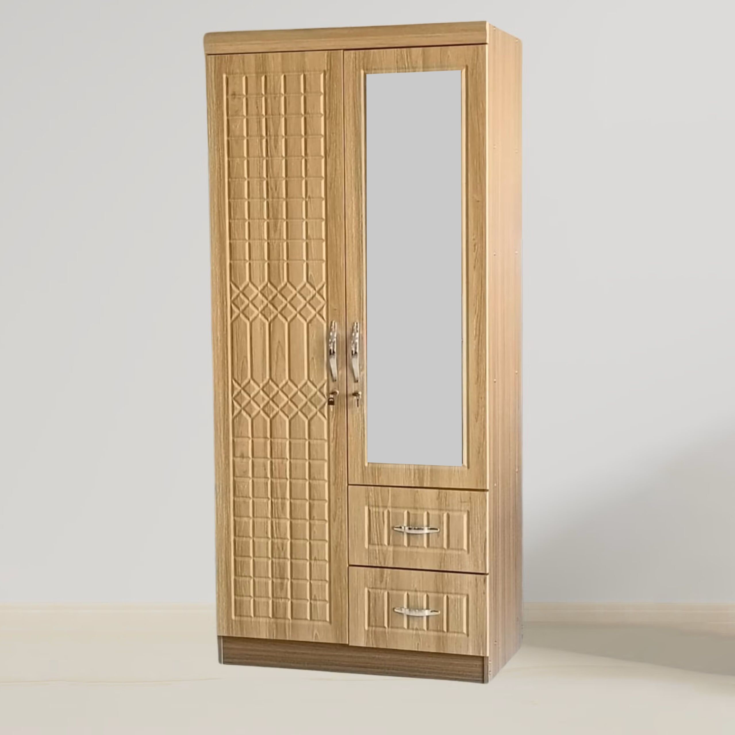 2 Door Lockable Wooden Wardrobe – Oak